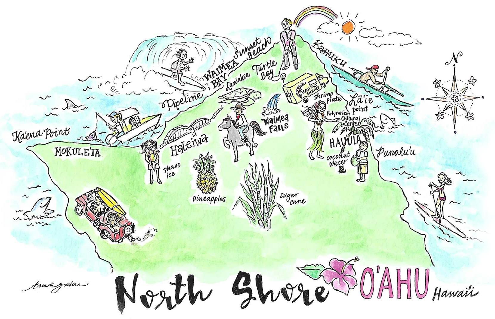 A Beautifuly Drawn Map of Oahu and Nearby Locations
